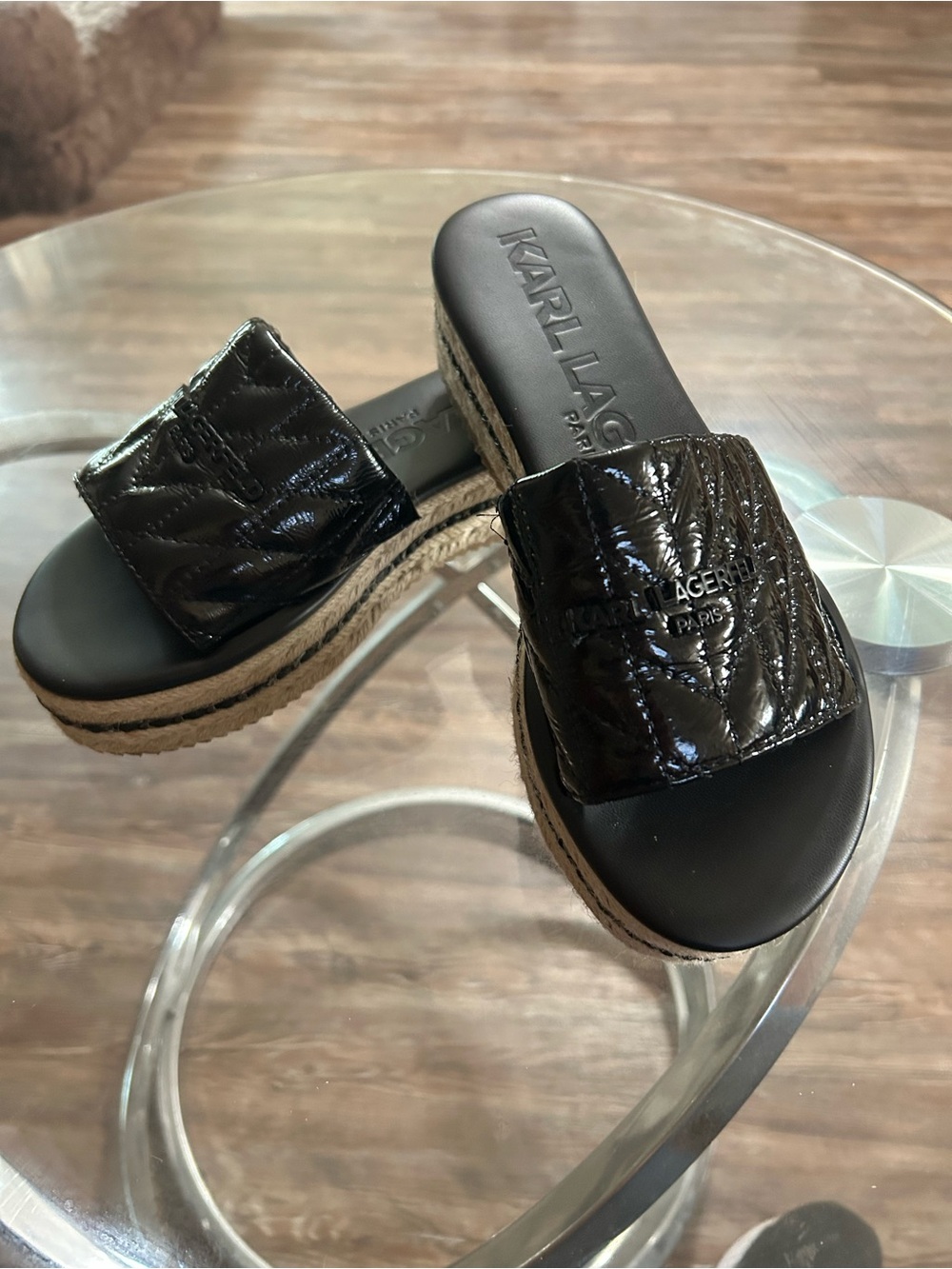 Karl Lagerfeld Black Quilted Espadrille Platform Slides